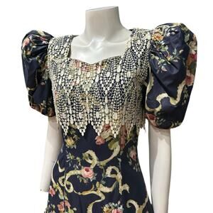 VTG 80s Navy Floral Puff Sleeve Dress Cottagecore Victorian Revival / Size 3/4